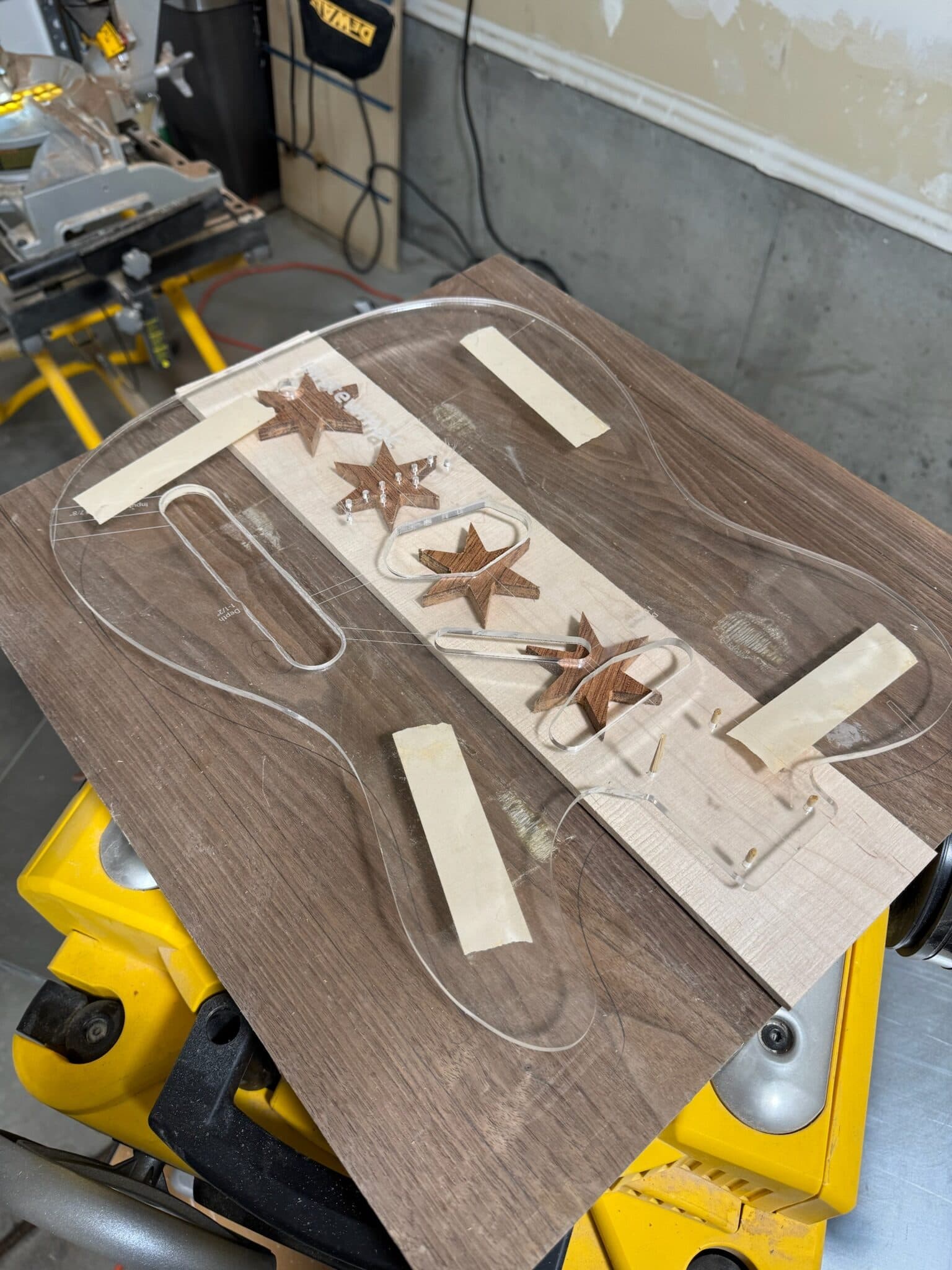Chicago flag inlay layout on the walnut guitar body