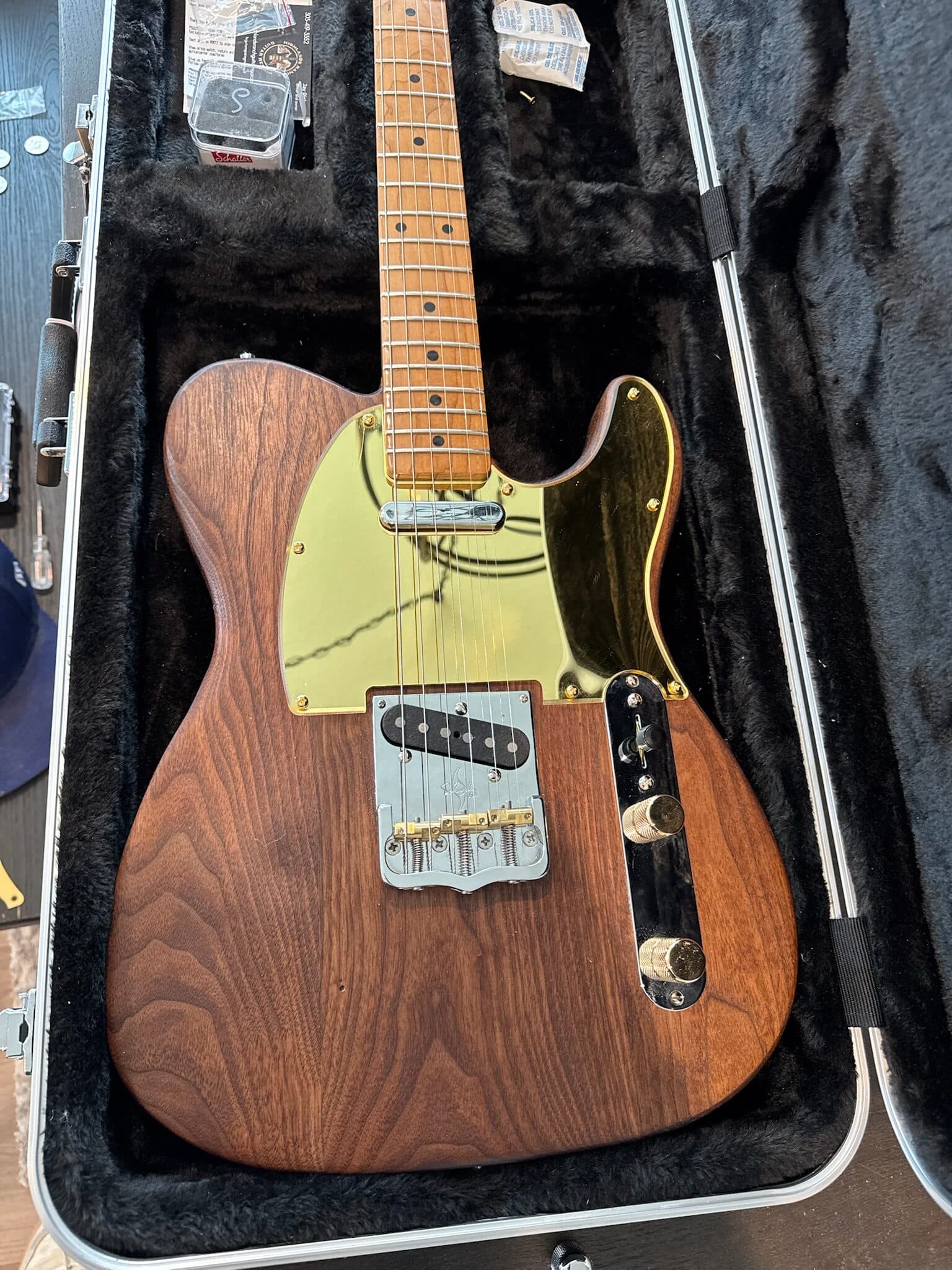 Completed Chicago Telecaster resting in its molded case