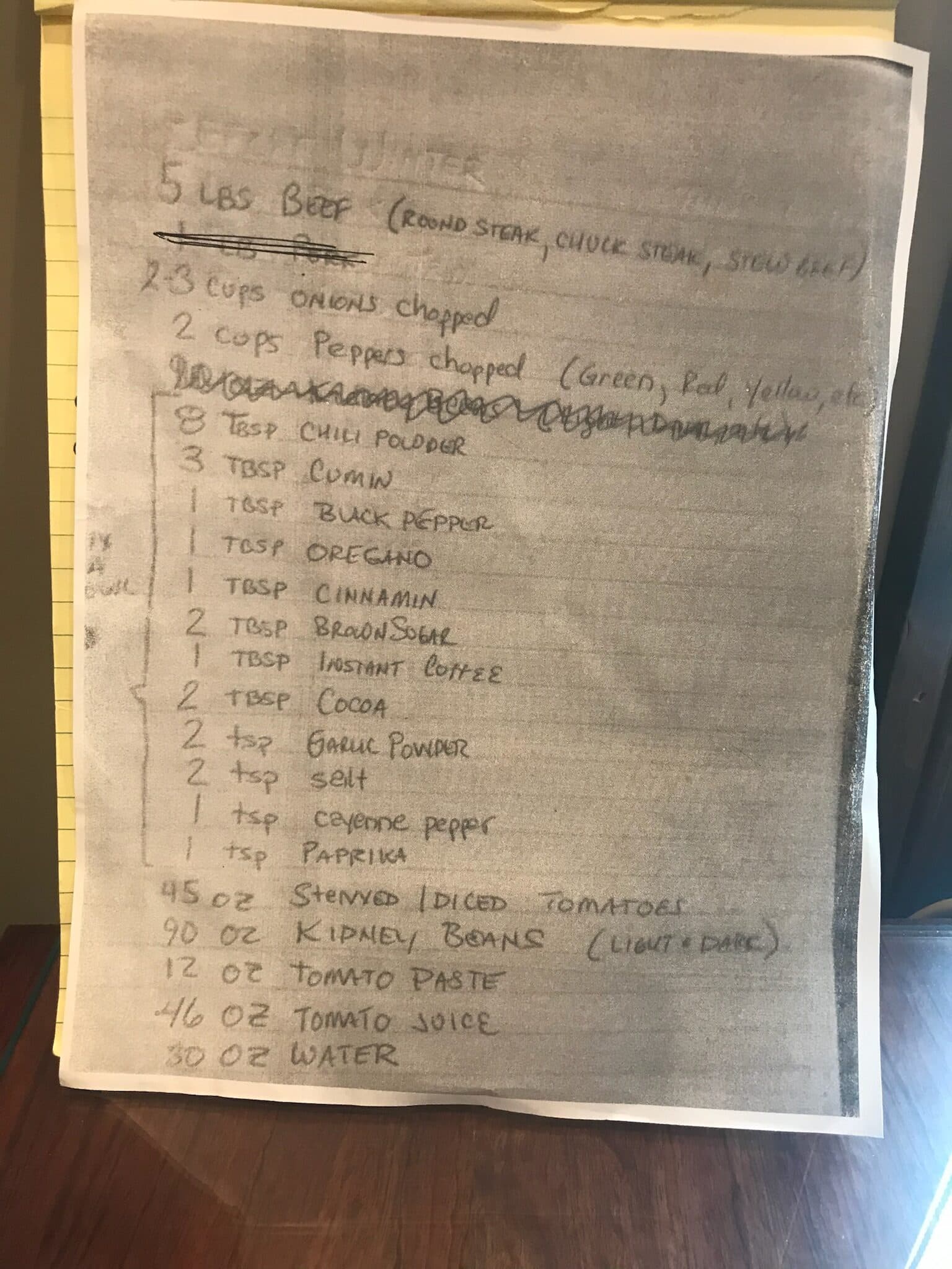 Dad's handwritten chili recipe